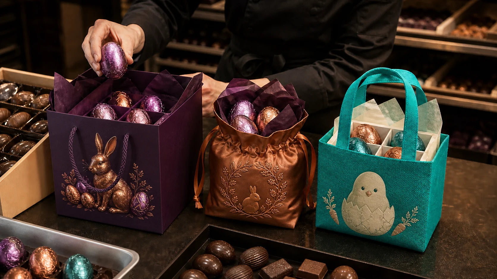 Custom Easter chocolate bags in paper, satin and nonwoven materials with rabbit and egg artwork