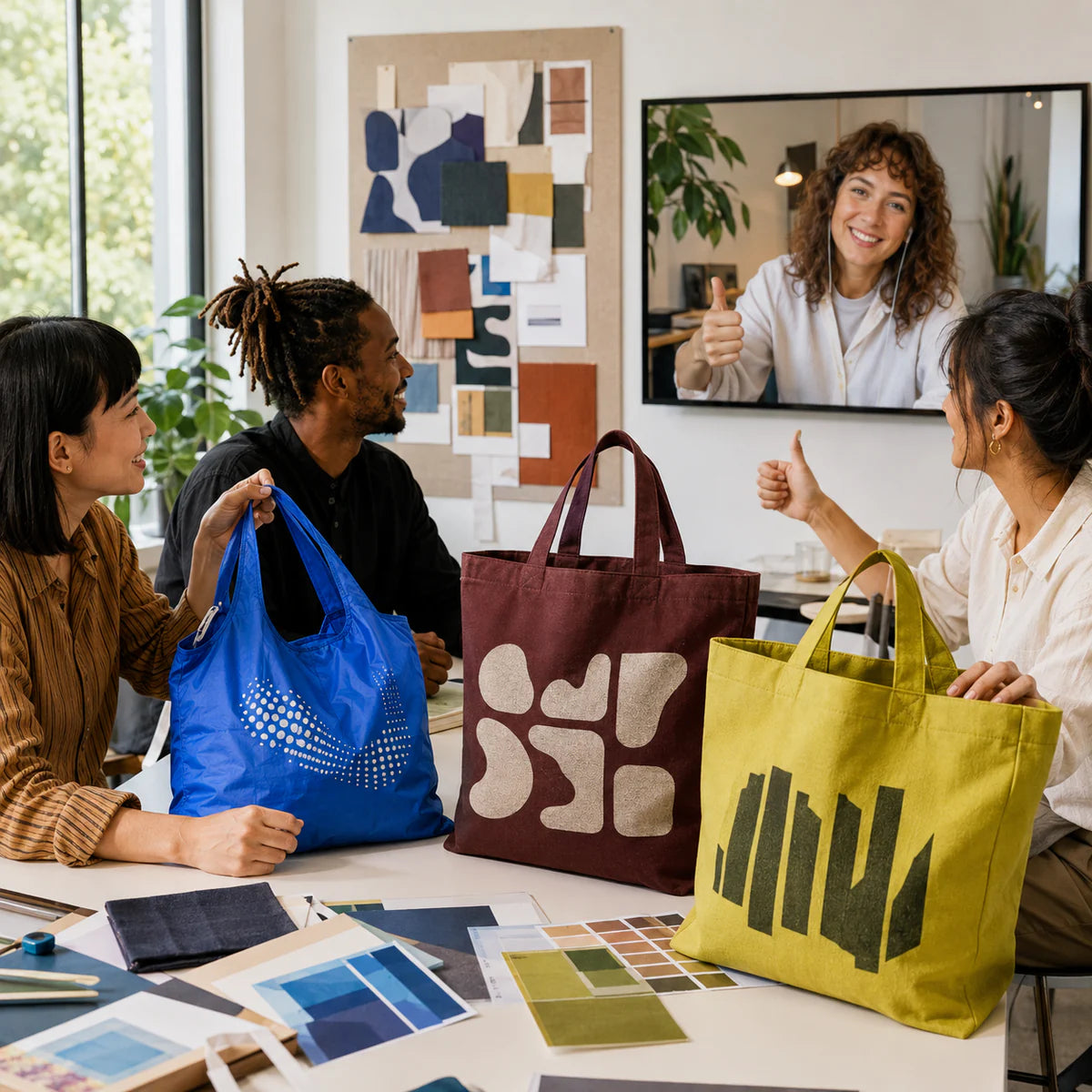 Design team and remote client reviewing colorful custom tote prototypes in different materials and structures