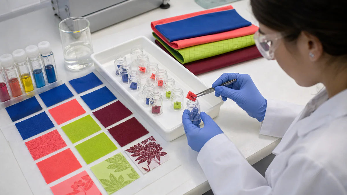 Laboratory technician preparing colorful custom tote fabrics and print samples for chemical safety testing
