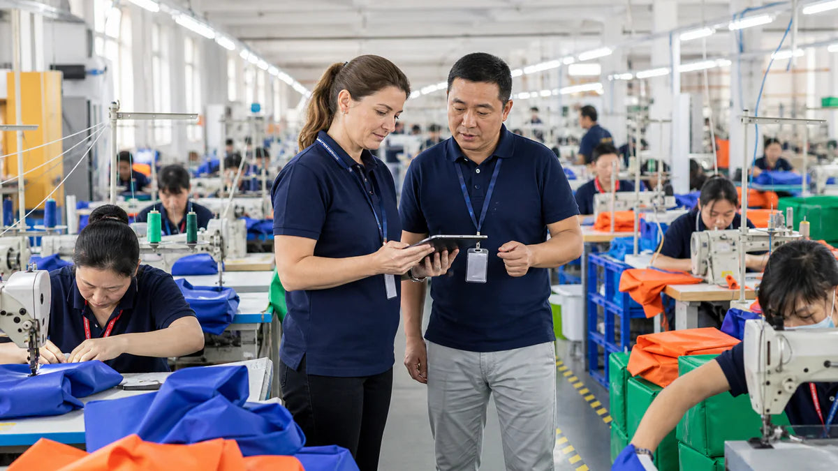 Factory supervisor and social-compliance auditor reviewing an active colorful tote bag sewing floor