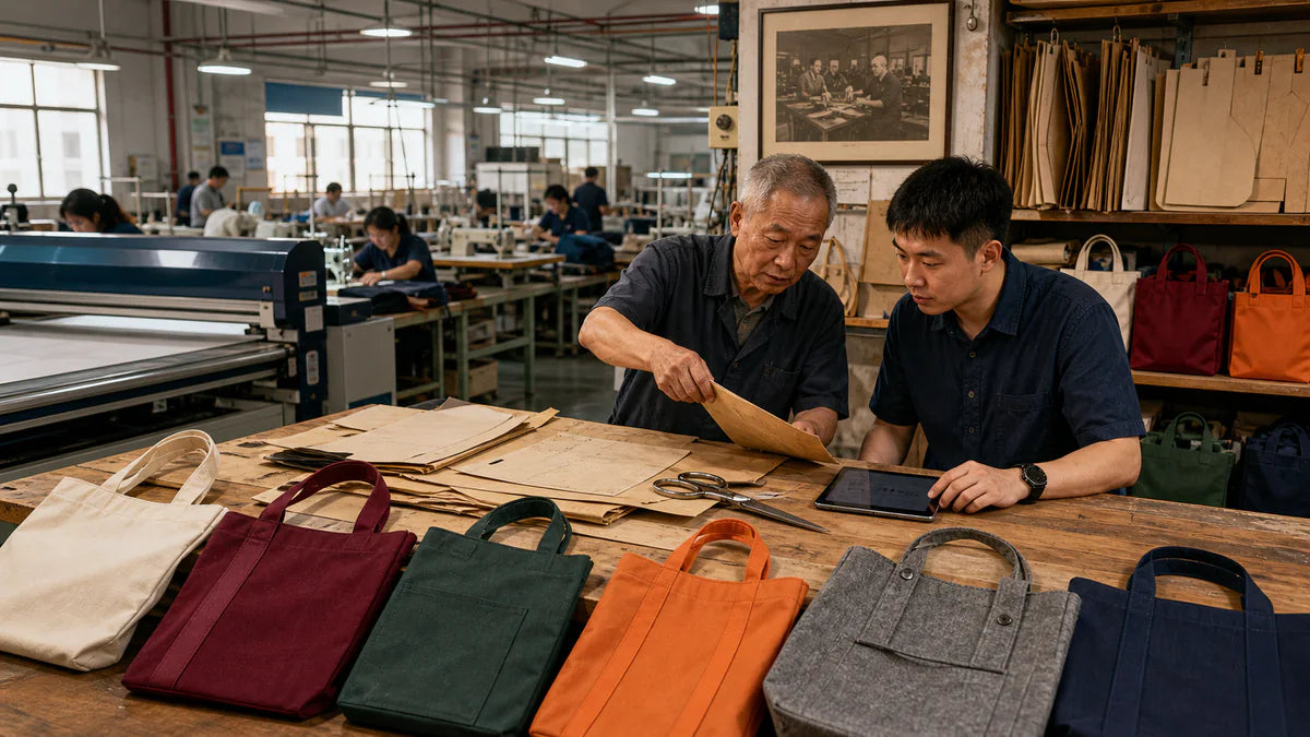 Senior craftsperson and production engineer reviewing historic tote patterns beside a modern factory floor