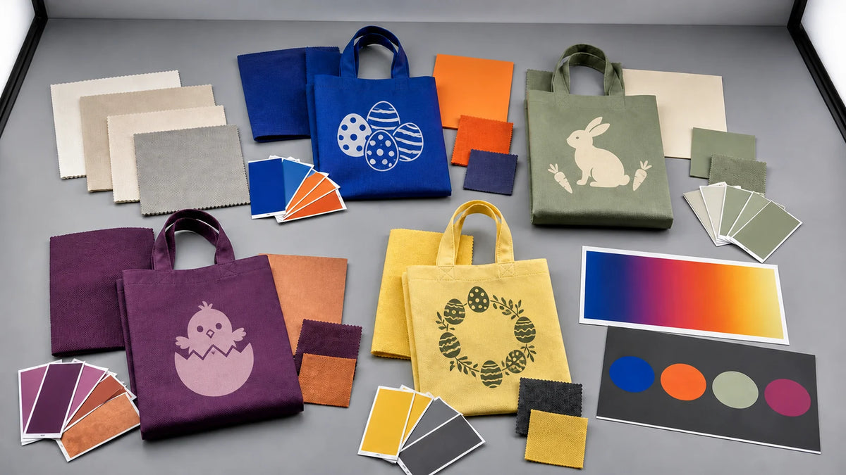 Easter tote bag color matching with cobalt, sage, plum and yellow material swatches