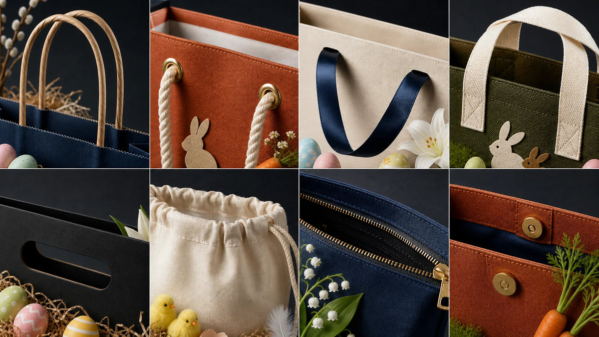 Easter bag handle and closure options including rope, ribbon, webbing, zipper and drawstring