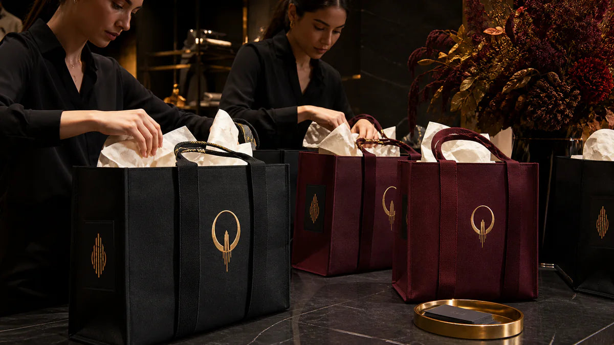 Boutique staff packing structured black and burgundy luxury canvas totes with metallic gold emblems