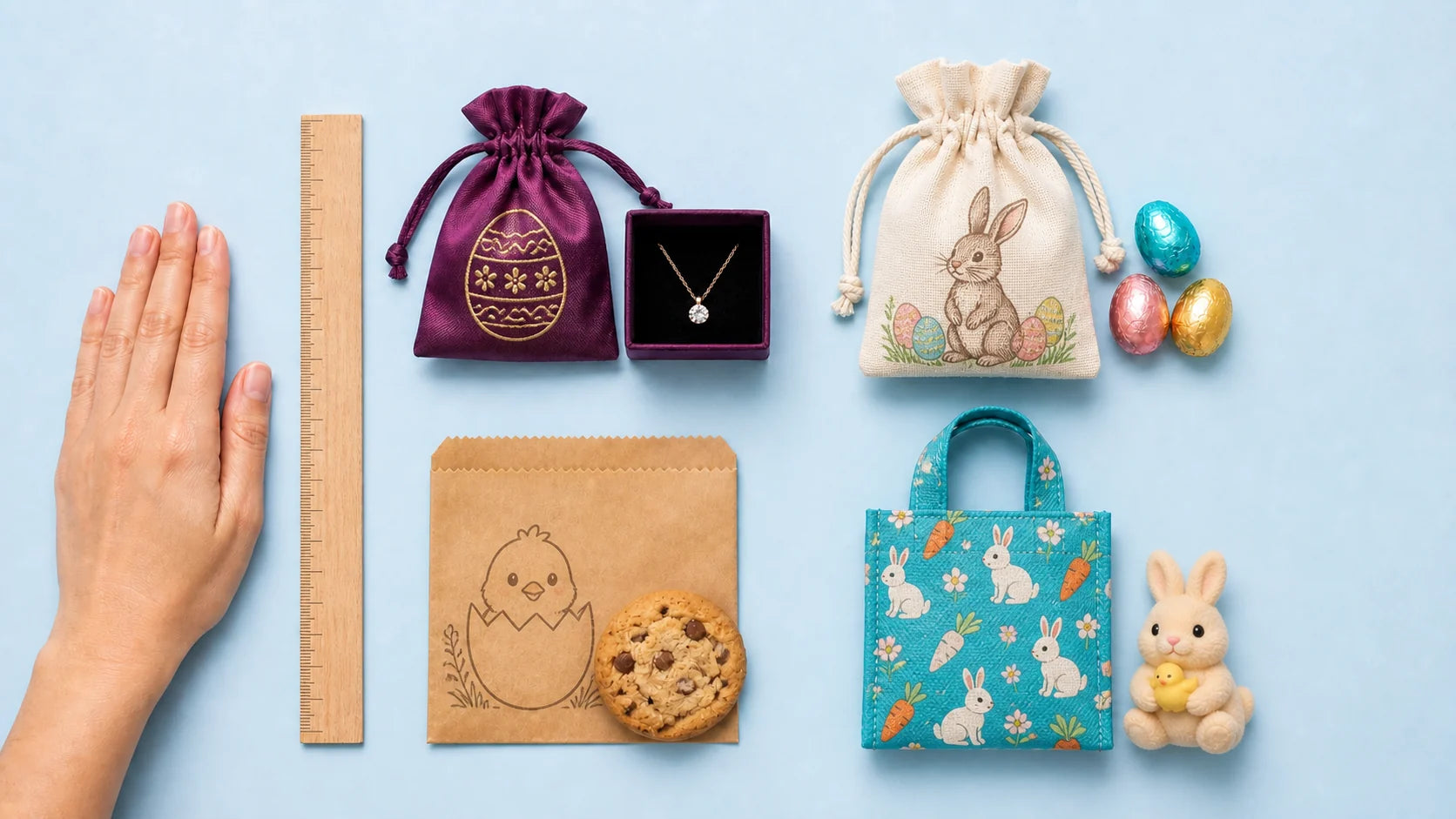 Small Easter favor bags for jewelry, cookies and candy with egg, rabbit and chick prints