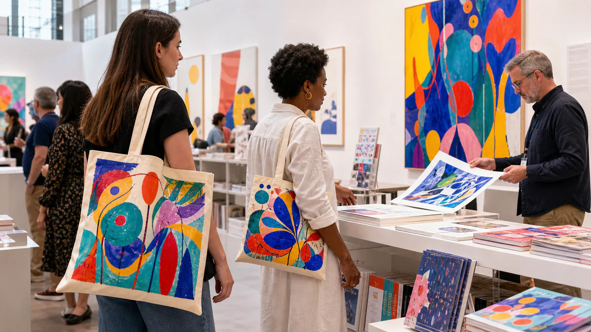 Museum shop visitors carrying natural cotton totes with detailed multicolor art printing