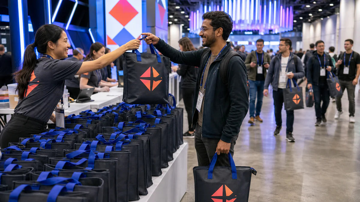 Technology conference staff distributing charcoal recycled polyester custom logo totes to attendees