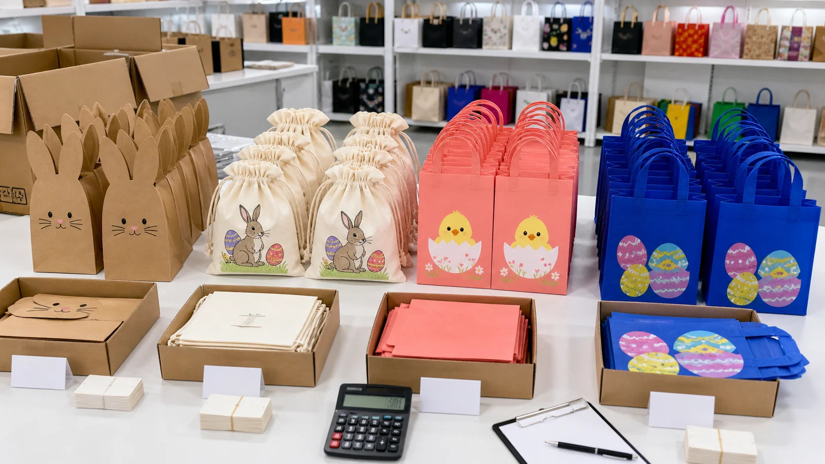 Custom Easter bag minimum order quantity options across paper, cotton and nonwoven styles