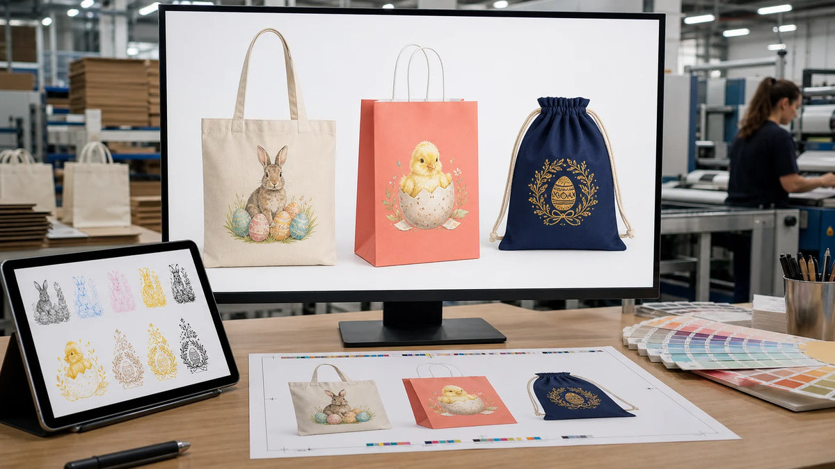 Digital proof review for custom cotton, paper and drawstring Easter bag artwork