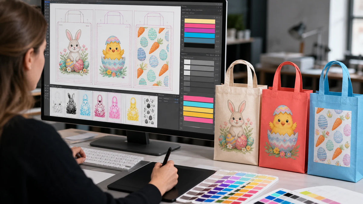 Print-ready Easter bag artwork preparation with vector rabbit, chick, egg and carrot designs