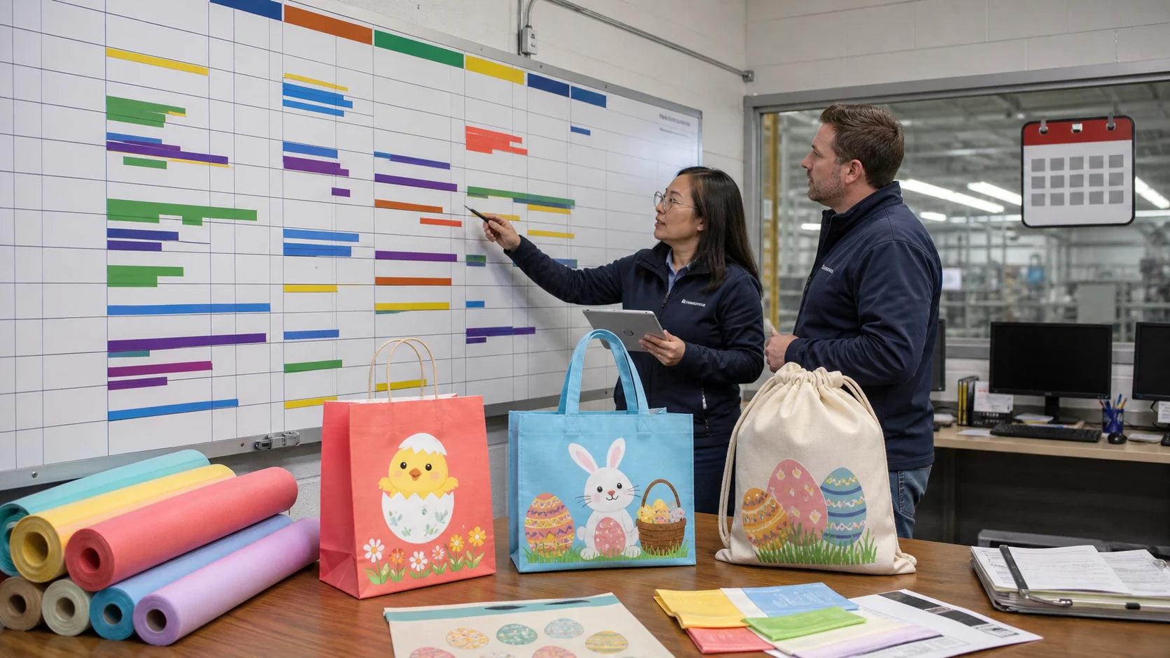Factory production scheduling for a seasonal custom Easter bag order
