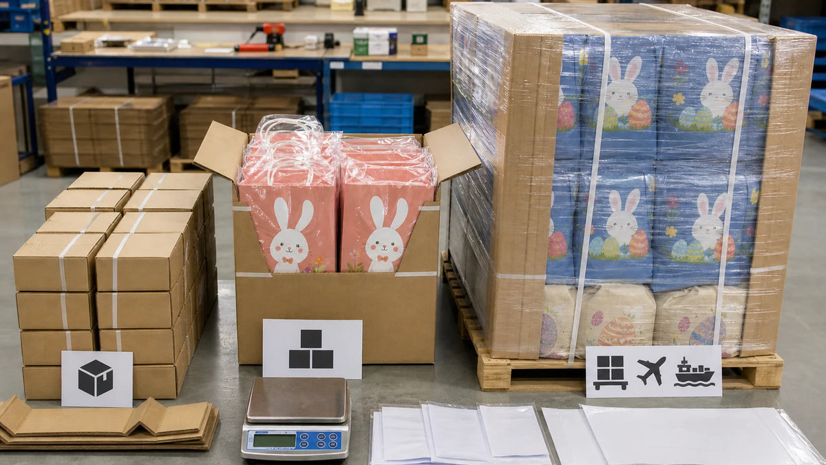 Courier carton, export carton and pallet shipping options for custom Easter bags