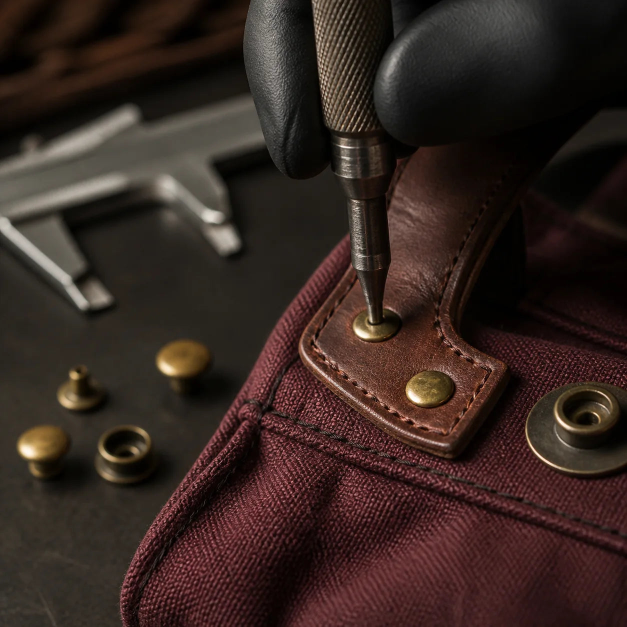 Artisan installing antique brass rivets on a burgundy canvas tote handle
