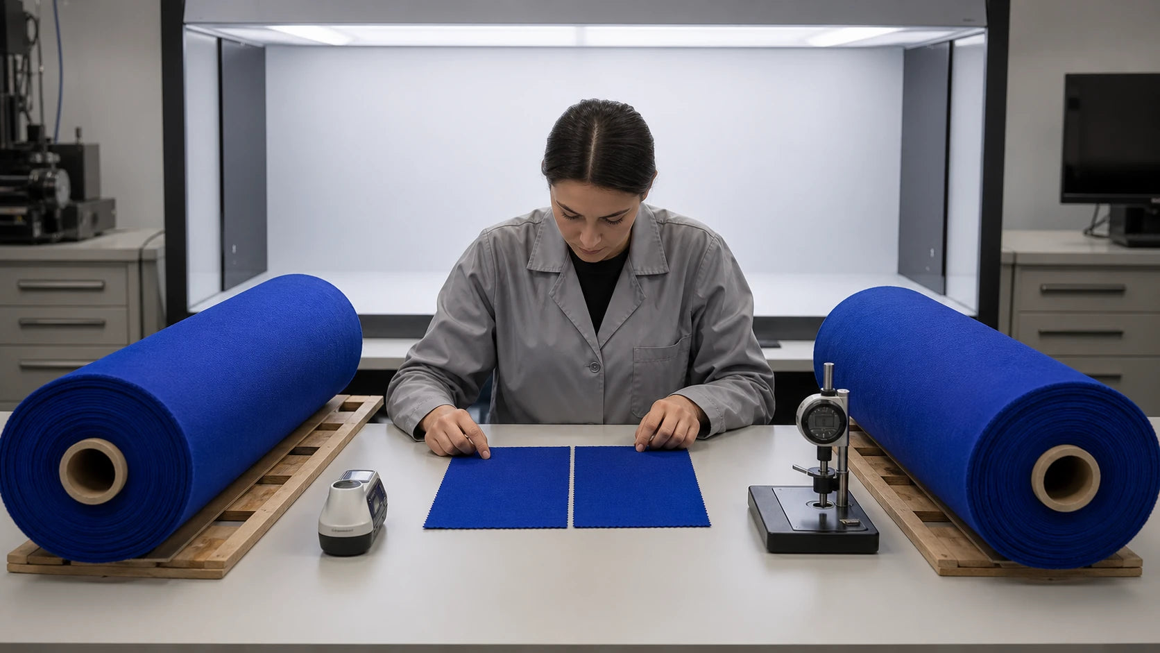 Quality engineer comparing identical cobalt textile batches under calibrated light