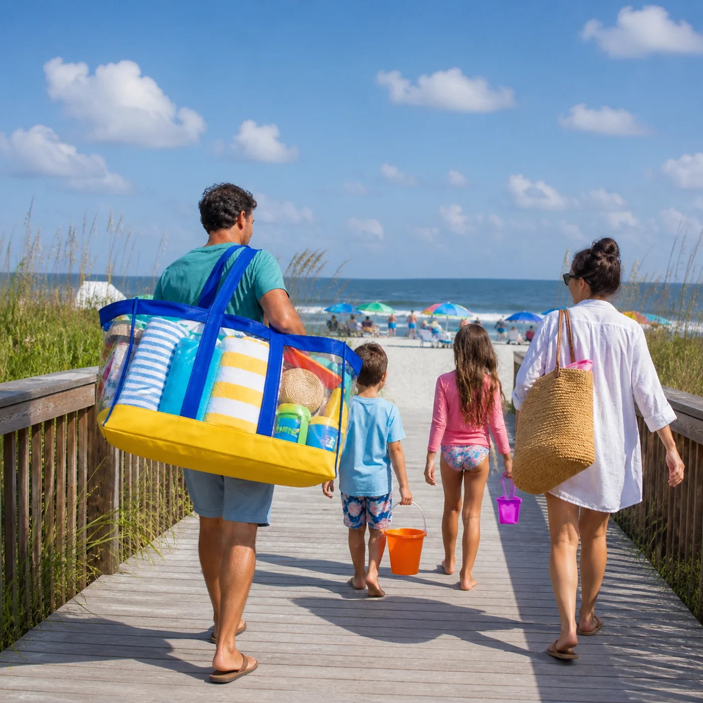 Oversized family beach bag carried to the shore