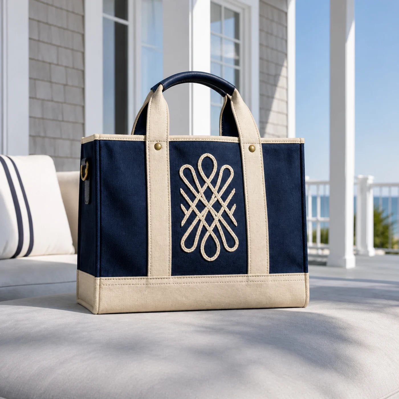 Square view of structured navy canvas beach tote with cream trim and embroidery