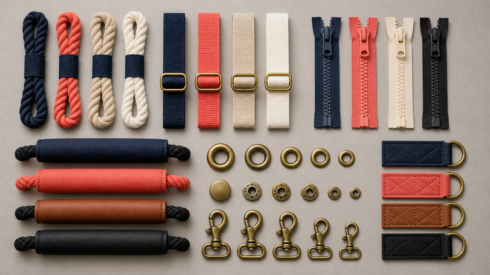 Beach bag handle and hardware sample board with rope webbing zippers and eyelets