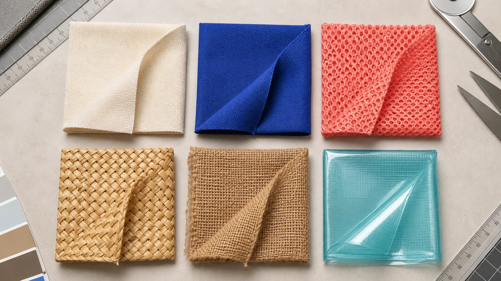 Custom beach bag material swatches including canvas mesh straw jute and waterproof TPU