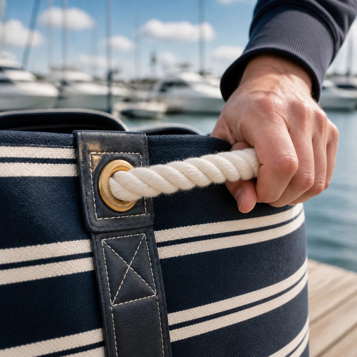 Nautical cotton rope handle on a custom beach bag