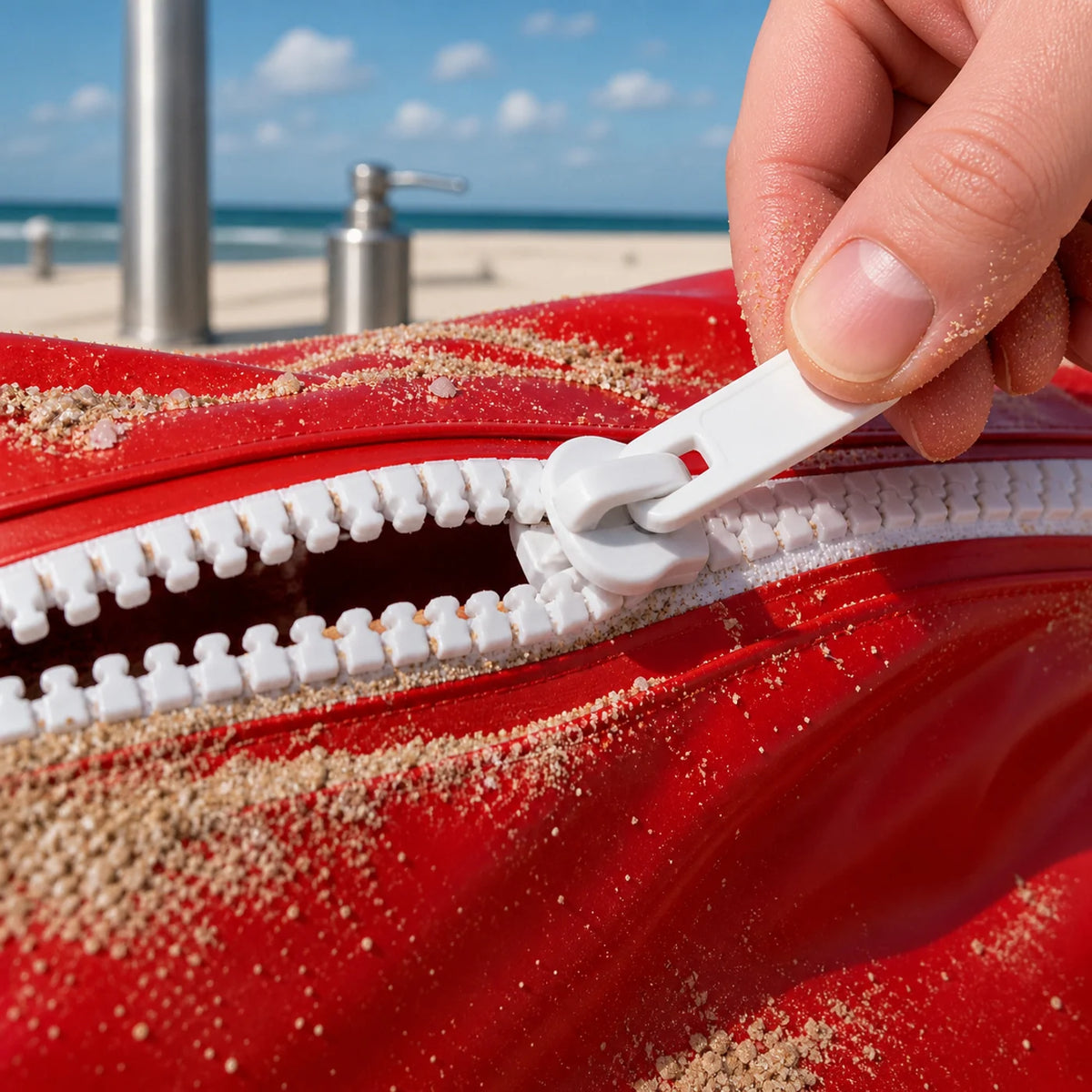 Sand-resistant resin zipper on a custom beach bag