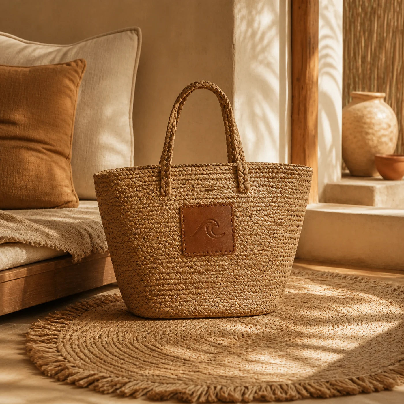 Square view of woven straw beach tote with stitched leather patch