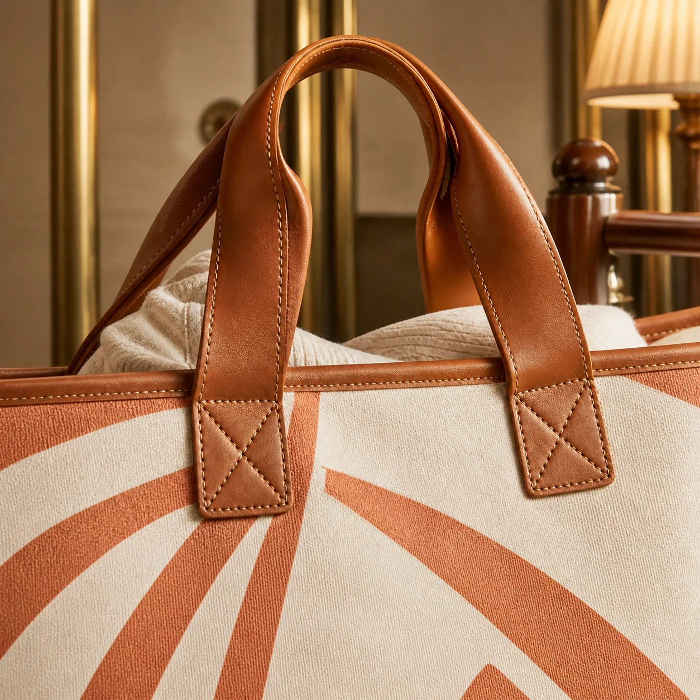 Reinforced vegan leather straps on a custom beach bag
