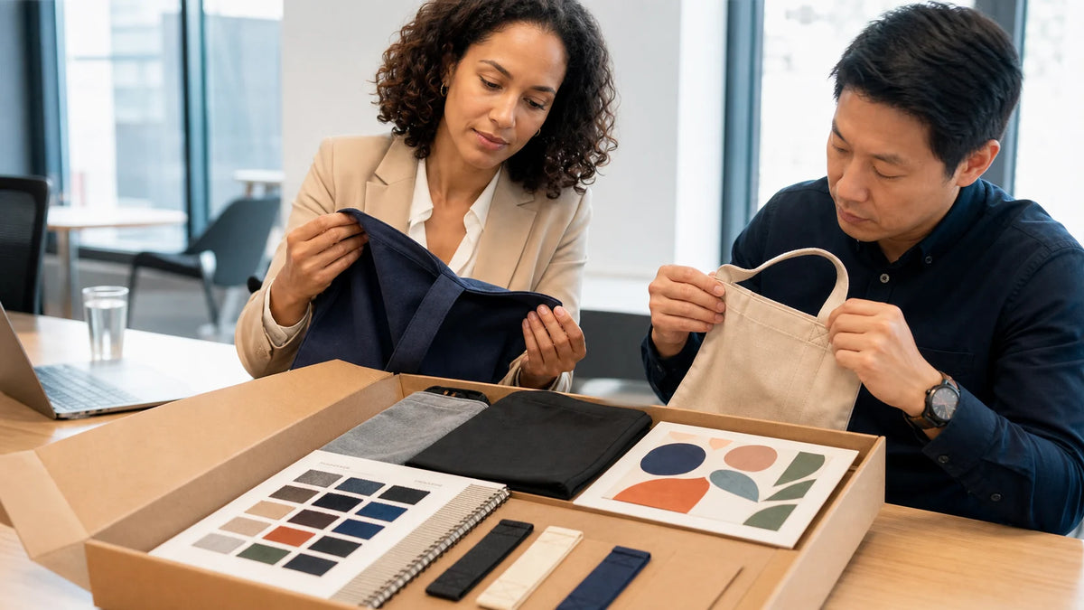 Business buyers evaluating reusable bag fabric, handle stitching and sample kit options