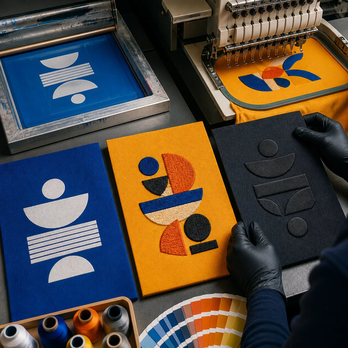 Canvas samples showing screen printing embroidery and raised ink decoration techniques