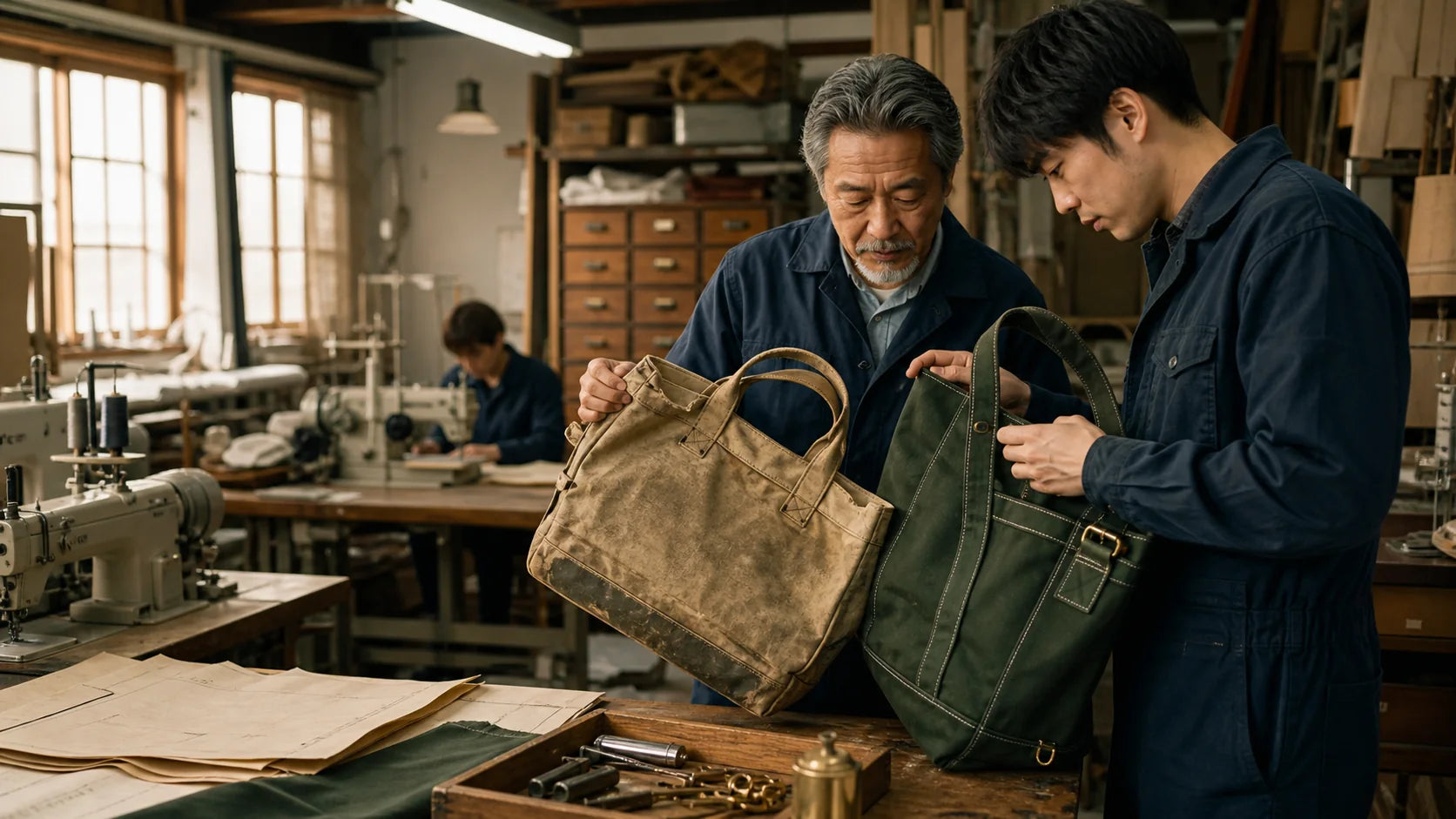Experienced craftsperson and technician comparing vintage and modern canvas tote construction