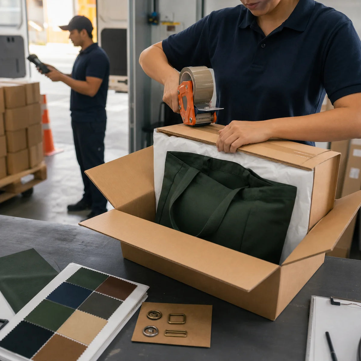 Custom canvas tote prototype being packed for international express delivery
