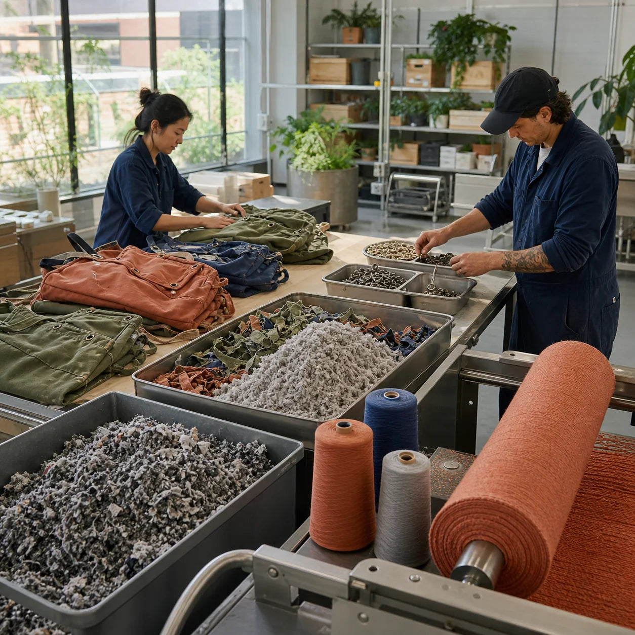 Canvas totes hardware fibers yarn and fabric moving through a circular material recovery process