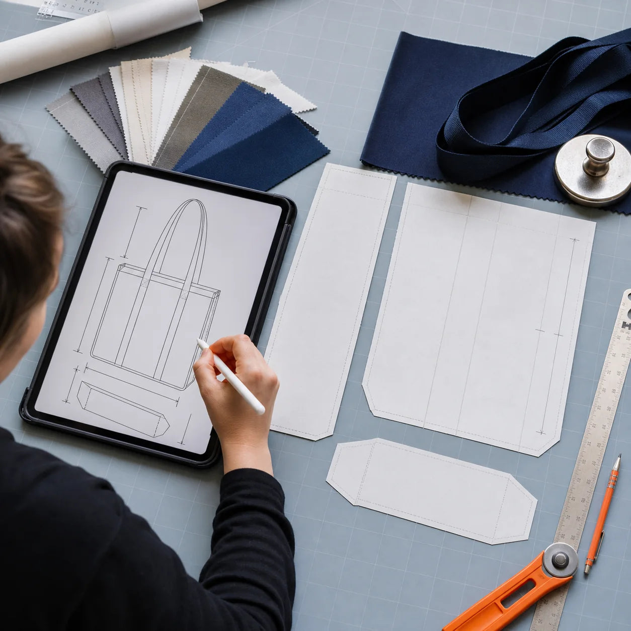 Designer creating a custom canvas tote blueprint beside patterns and fabric swatches