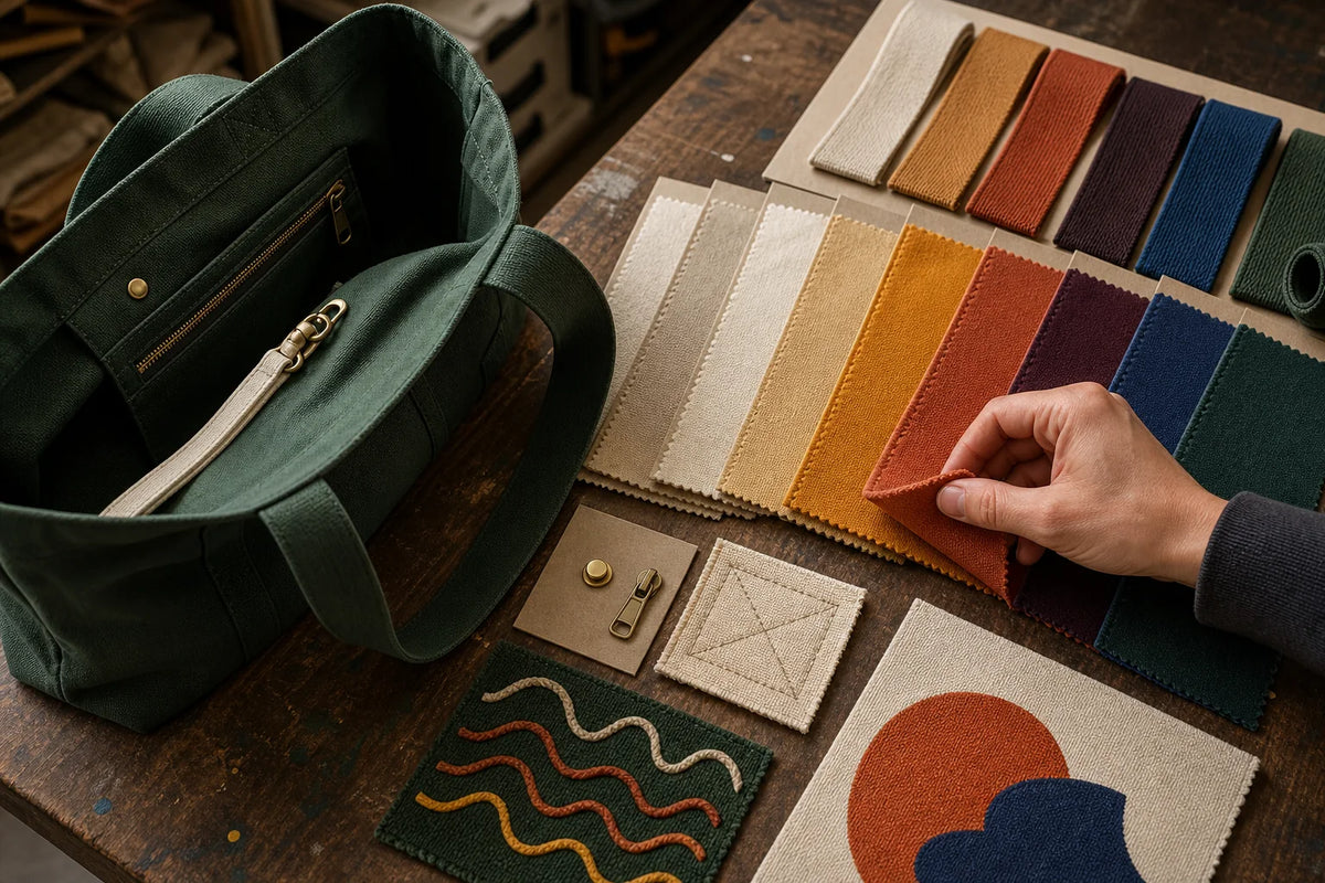 Custom canvas tote sample kit with fabric weights webbing stitching print and hardware samples