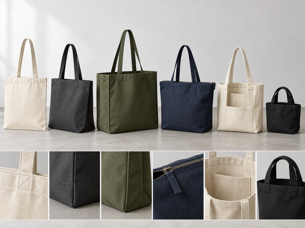 Illustrative cotton tote styles including gussets zipper pocket and mini format