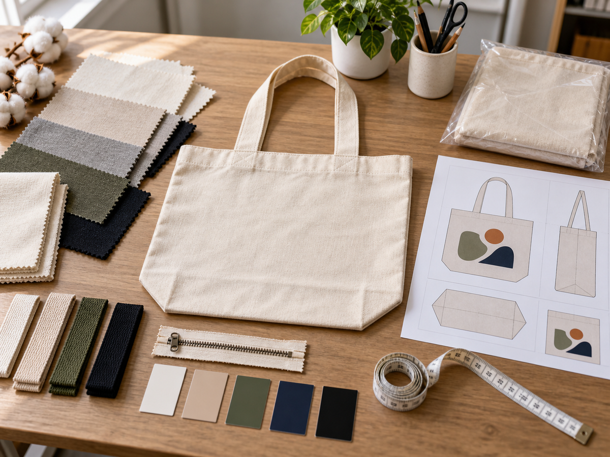 Illustrative cotton tote specification planning materials and finishing samples