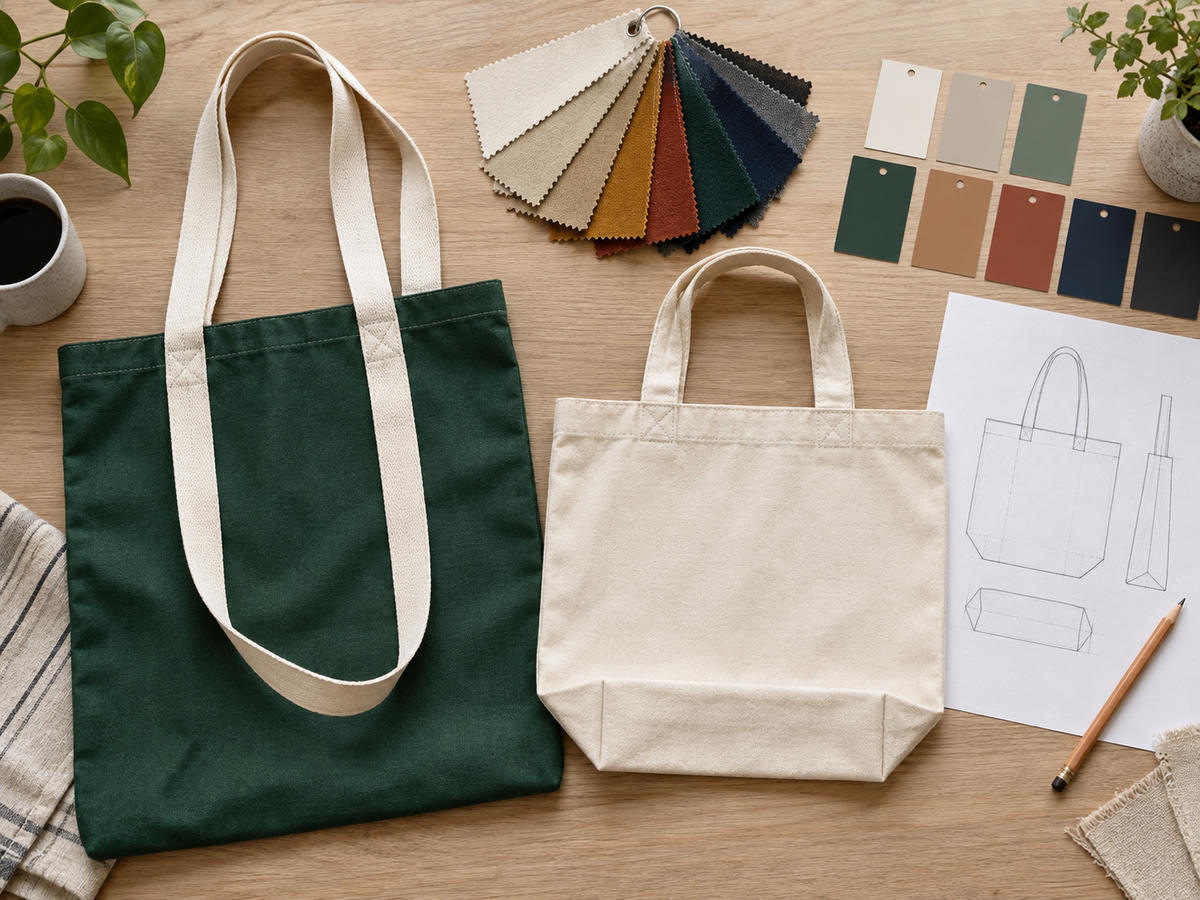 Illustrative custom cotton tote design sampling and color options