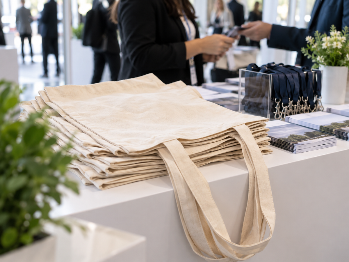 Illustrative lightweight natural cotton totes for promotional events