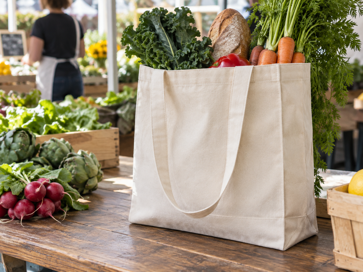 Illustrative gusseted cotton shopper for grocery and market use