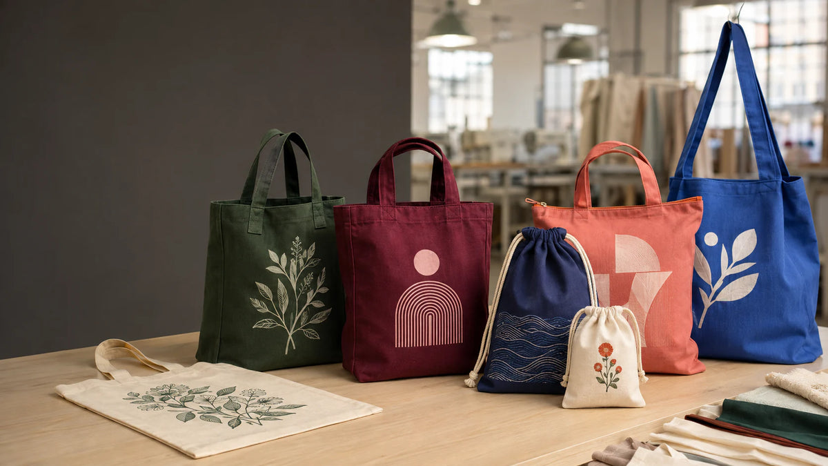 Coloridas bolsas de algodón impresas personalizadas en formas variadas dispuestas en una mesa de muestra de fábrica