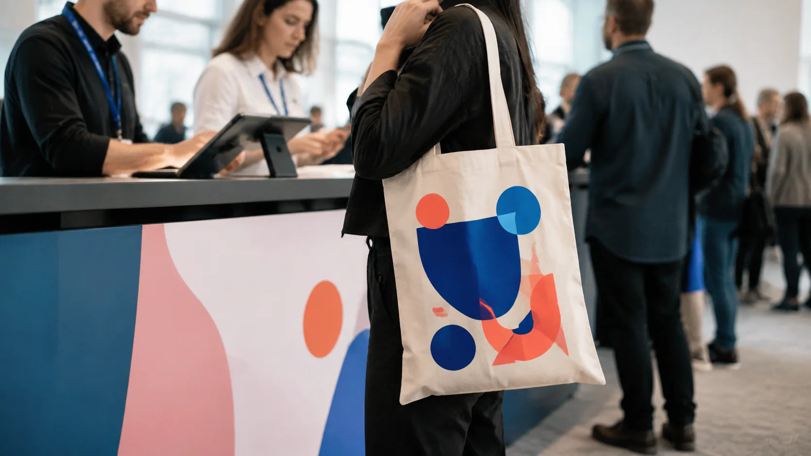 Bolso plano estándar de algodón para eventos con un atrevido estampado abstracto azul y coral