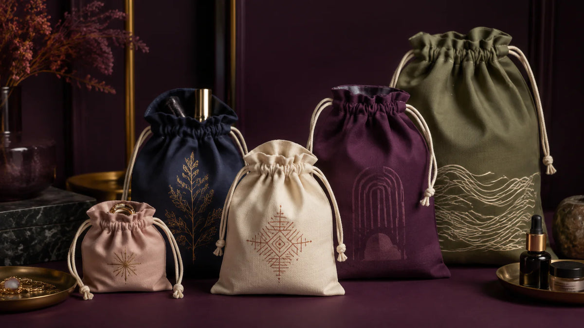Bolsas con cordón de algodón natural ciruela y azul marino en varios tamaños personalizados
