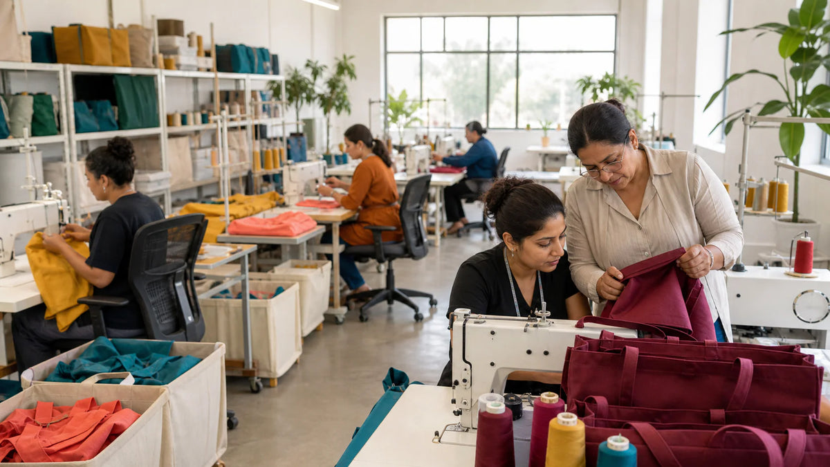 Taller de costura organizado brillante que produce coloridas bolsas de algodón
