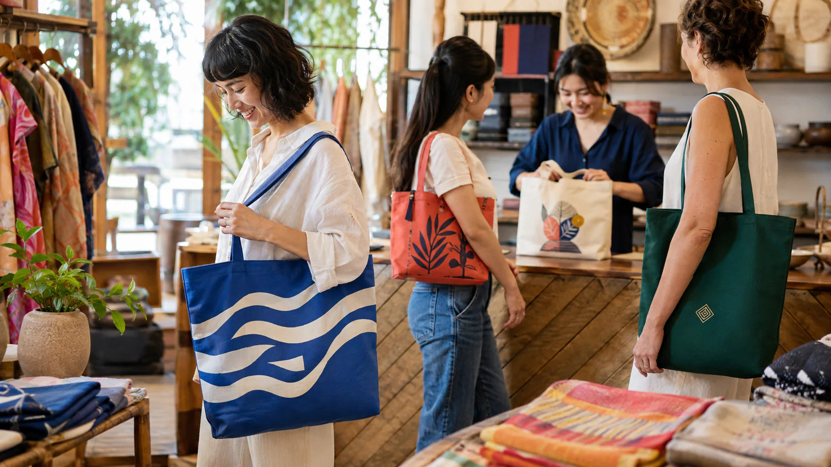 Compradores de boutiques con coloridas bolsas de algodón estampadas personalizadas