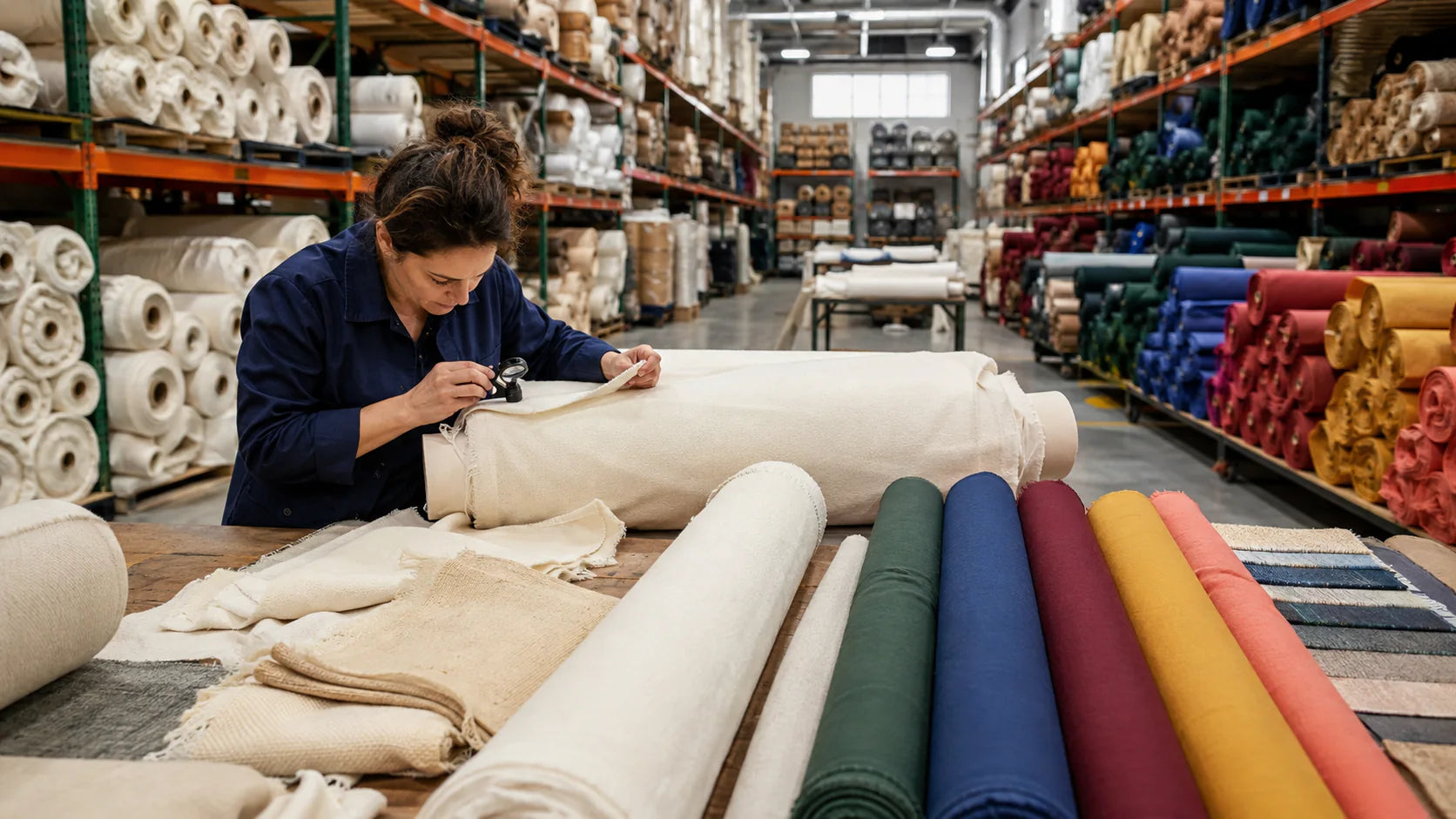 Rollos de tela de algodón natural y de color inspeccionados para la producción de bolsas a granel