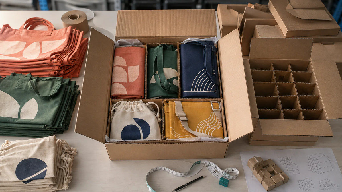 Diferentes estilos de bolsas de algodón dobladas en una caja de envío dividida del tamaño adecuado