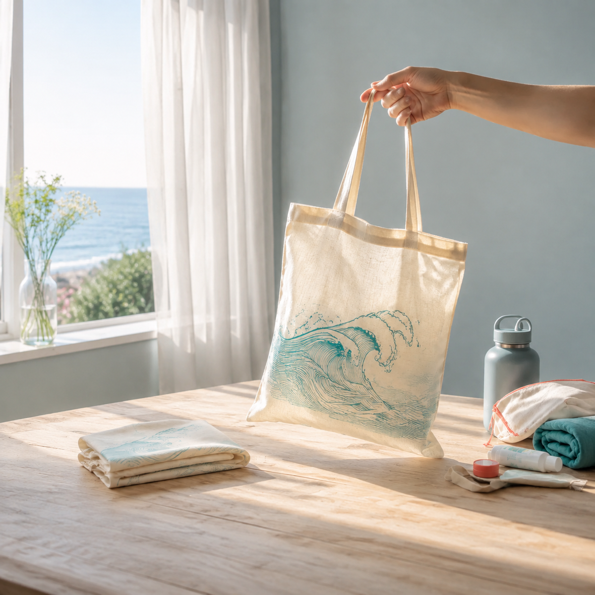 Bolso de algodón natural ligero completo con estampado de ondas azules, que se muestra en un luminoso estudio costero