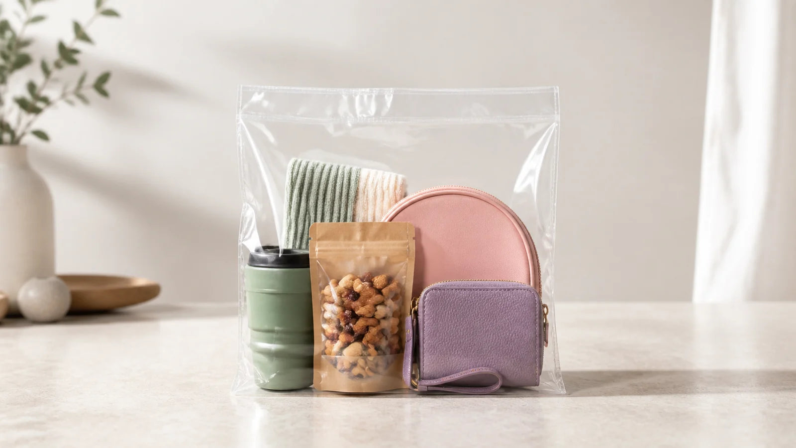 Crystal clear custom PLA bag fully displaying colorful retail accessories