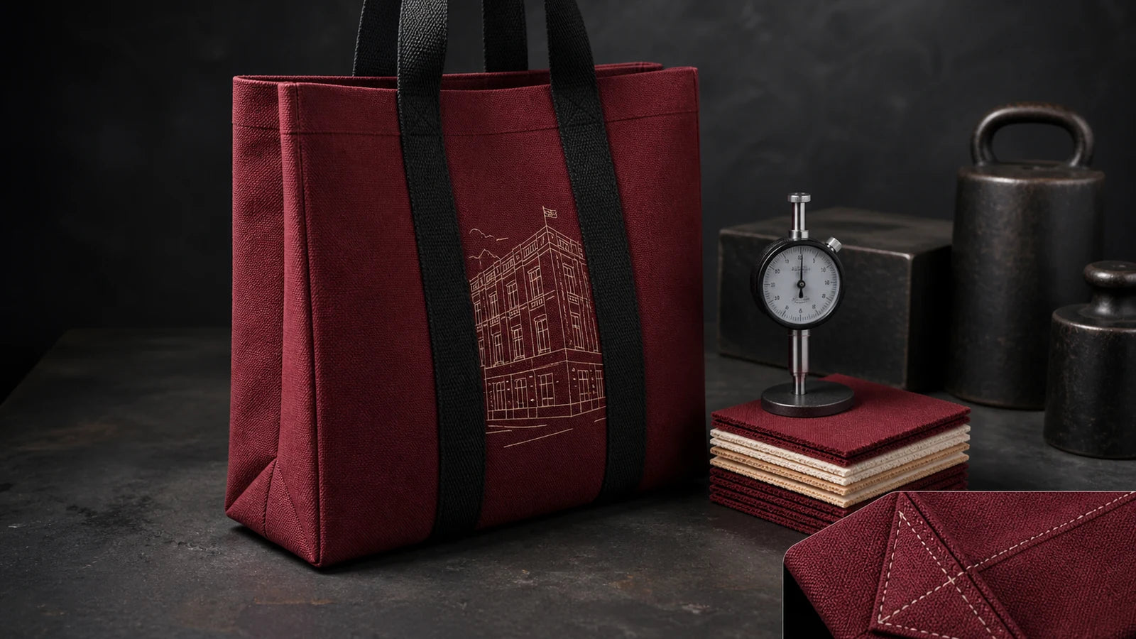 Structured burgundy 16-ounce canvas tote with reinforced gusset, seam sample and thickness gauge