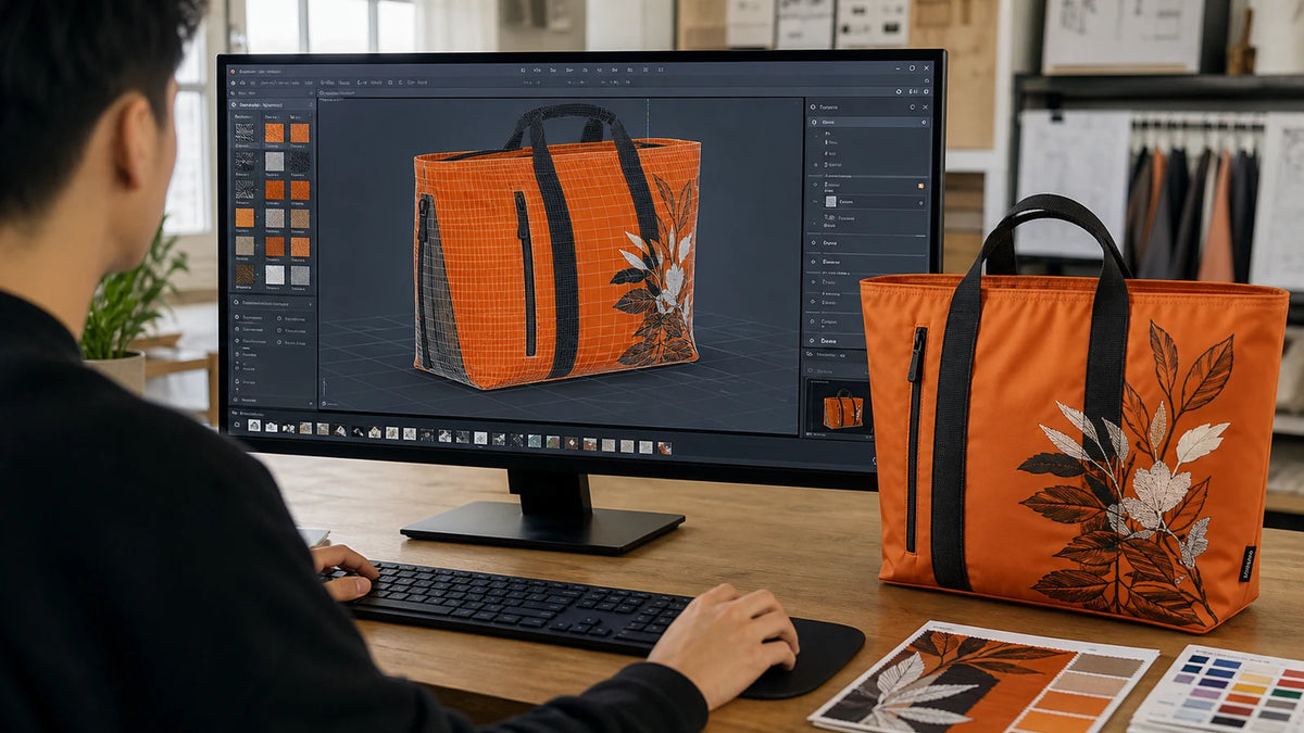 Designer mapping artwork and fabric texture onto a 3D orange zipper tote beside the physical prototype