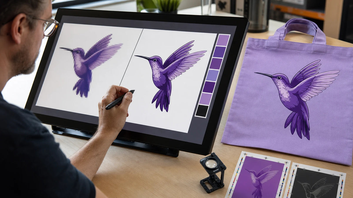 Prepress designer converting a pixelated hummingbird graphic into sharp print-ready tote bag artwork